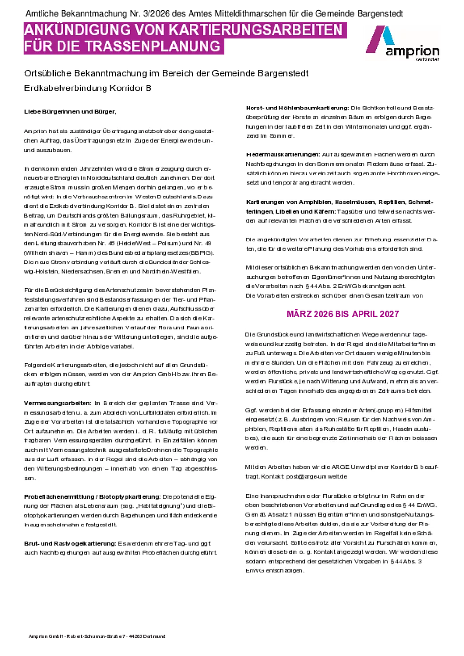 Nr. 3 Ankündigung von Kartierungsarbeiten für die Trassenplanung Erdkabelverbindung Korridor B