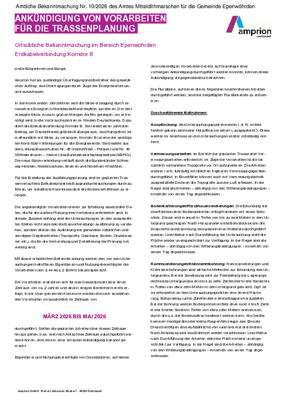 Nr. 10 Ankündigung von Vorarbeiten für die Trassenplanung Erdkabelverbindung Korridor B